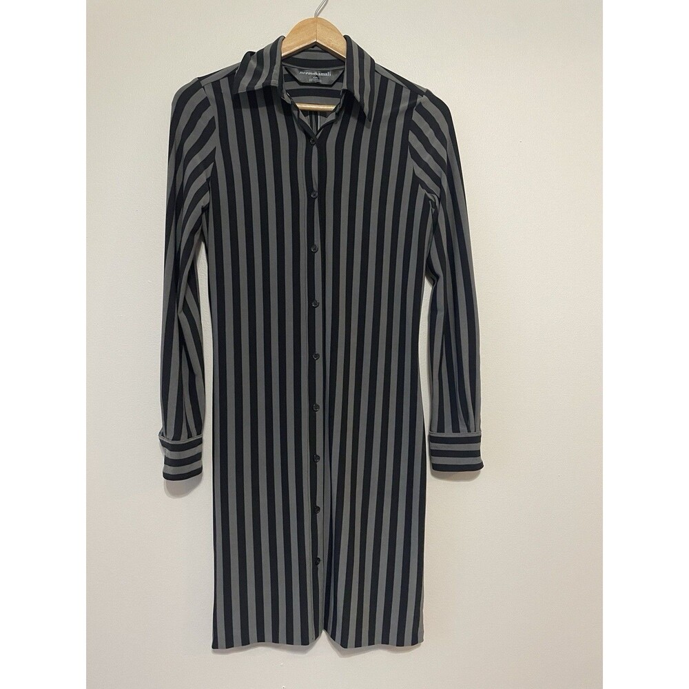 Norma Kamali Striped Shirt Dress Gray Black Button Up Sm Stretch Classic Event